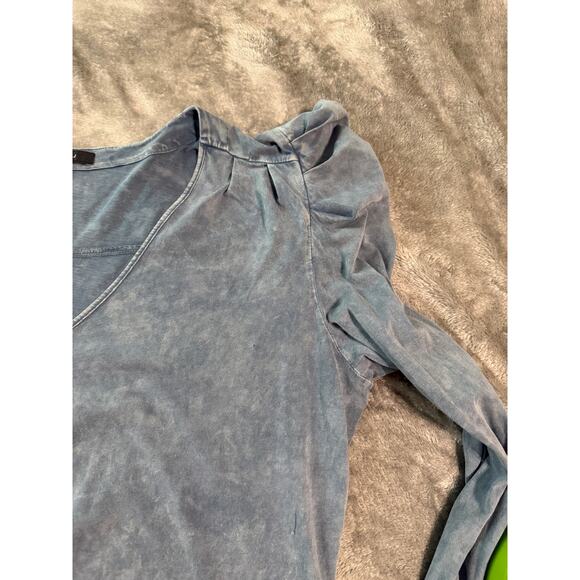 NWT 7 For All Mankind Top Women Large Blue Stone Wash V Neck Puff Sleeve Grunge - Picture 6 of 8